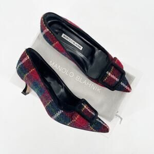 Manolo Blahnik Maysale Tartan Multicolor Wool Buckle Pointed Toe Heels IT 37